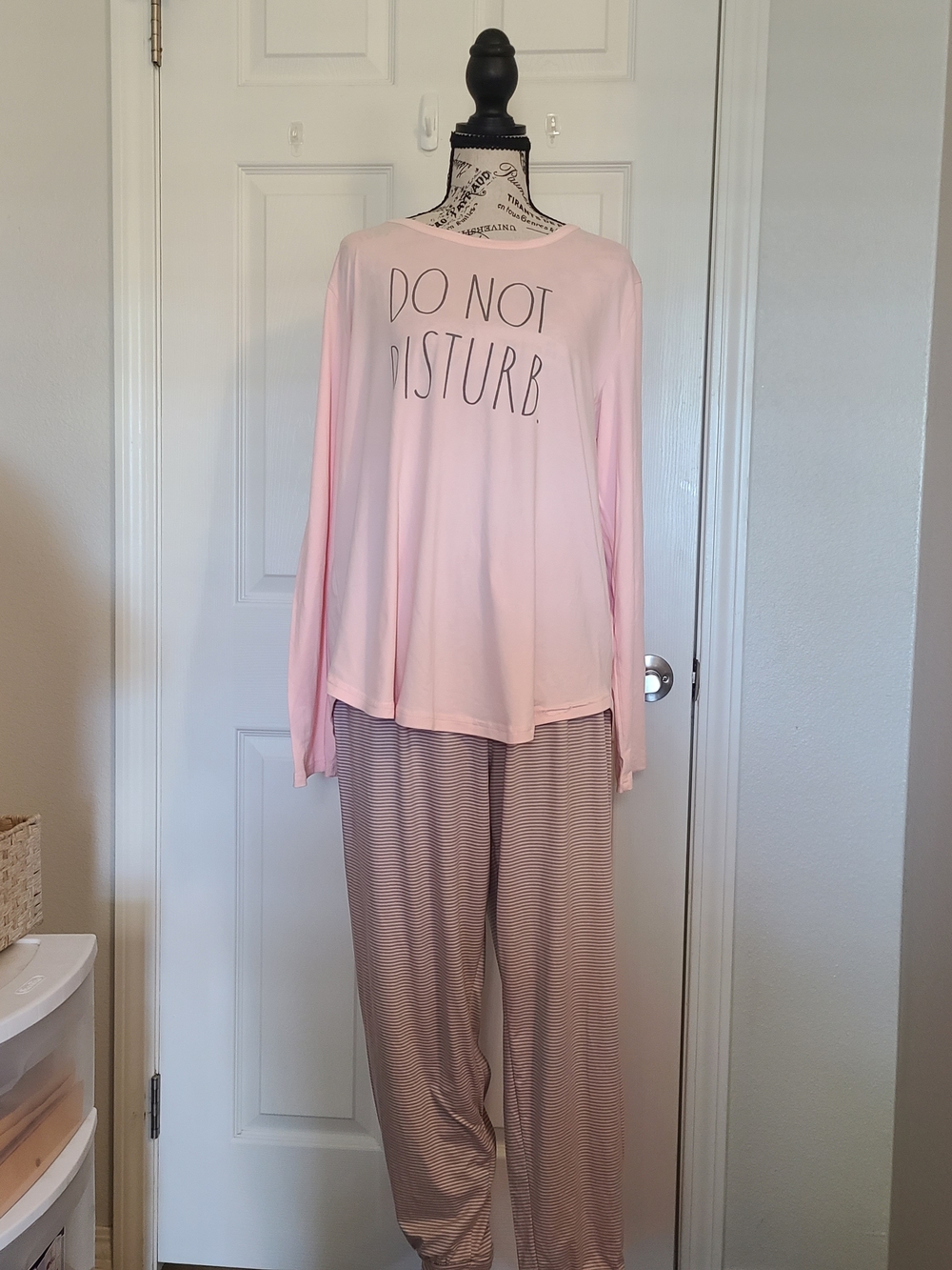 Rae Dunn Pink "Do Not Disturb" Long-Sleeve Pajama Set with Striped Pants